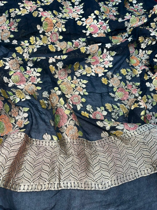 Black Handloom Banarasi Brush Dye Pure Georgette Dupatta