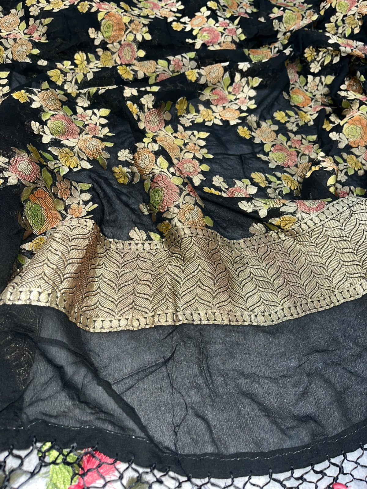 Black Banarasi Handloom Brush Dye Pure Georgette Dupatta — Brush Dye, Festive