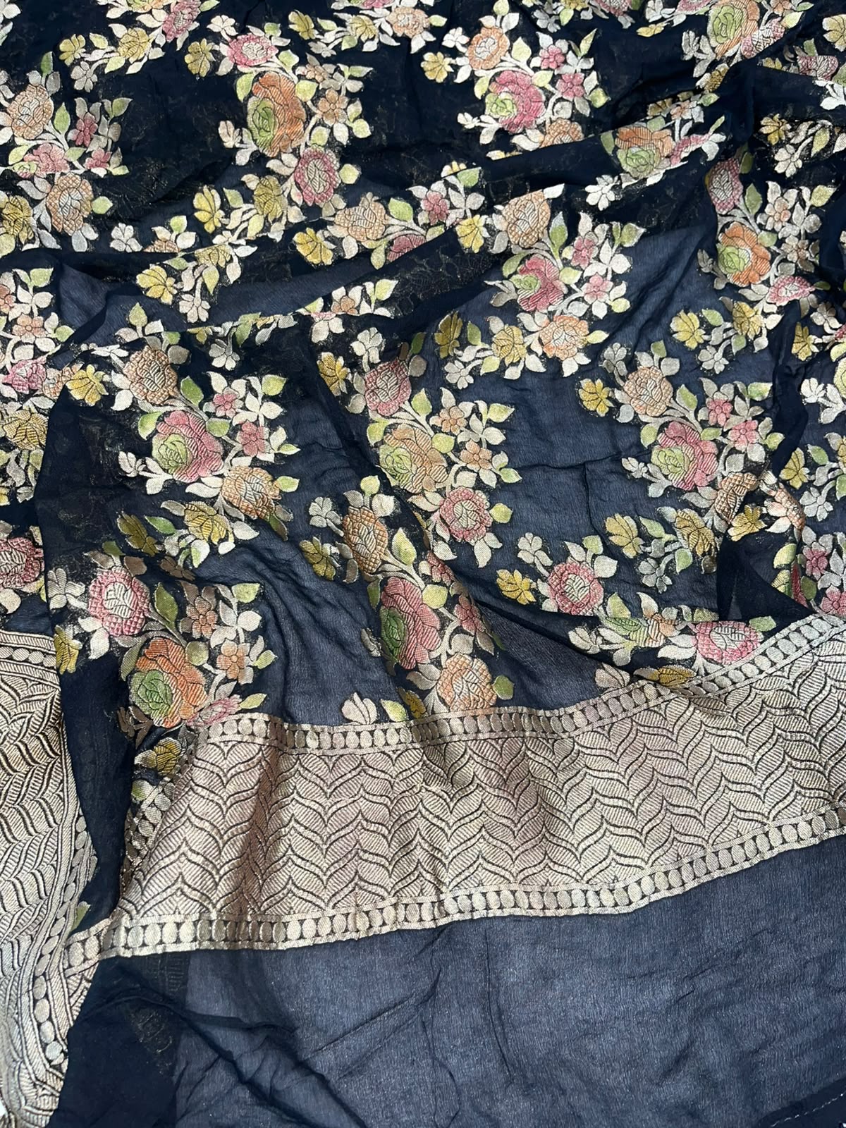 Black Banarasi Handloom Brush Dye Pure Georgette Dupatta — Brush Dye, Festive