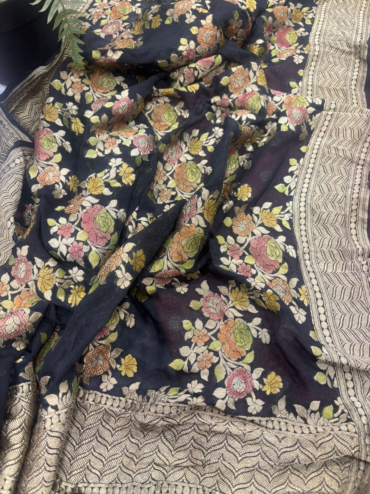 Black Banarasi Handloom Brush Dye Pure Georgette Dupatta — Brush Dye, Festive