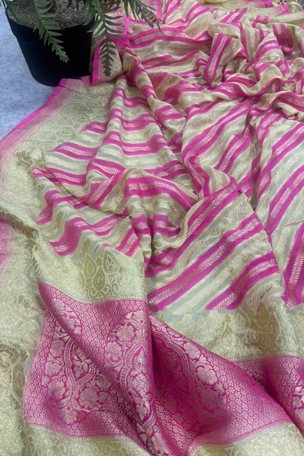 Pink & Pastel Banarasi Handloom Pure Georgette Dupatta — Handwoven, Festive