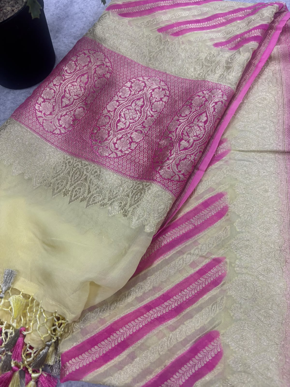 Pink & Pastel Banarasi Handloom Pure Georgette Dupatta — Handwoven, Festive