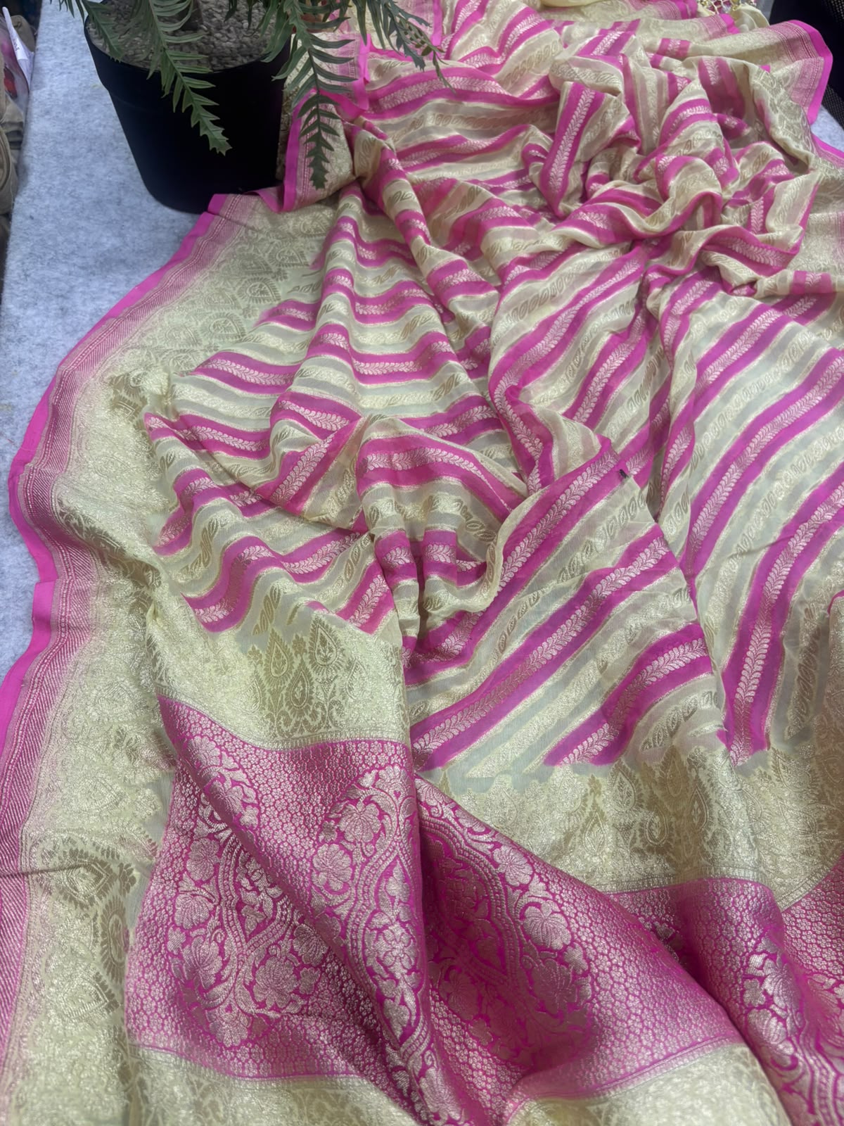 Pink & Pastel Banarasi Handloom Pure Georgette Dupatta — Handwoven, Festive