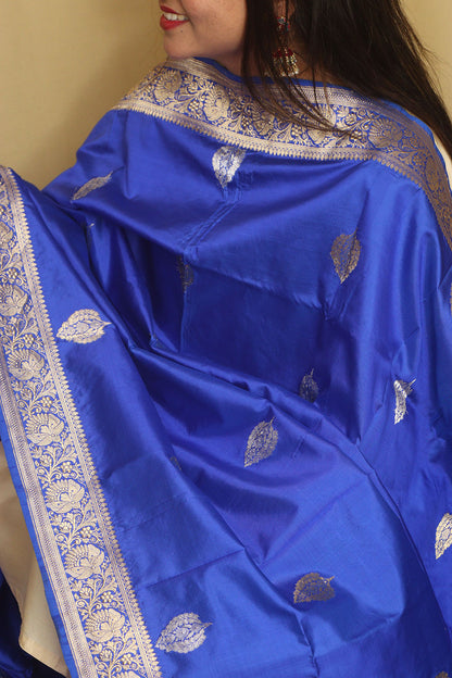 Blue Banarasi Handloom Pure Katan Silk Dupatta - Luxurion World