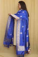 Blue Banarasi Handloom Pure Katan Silk Dupatta - Luxurion World- Crafted Heirlooms