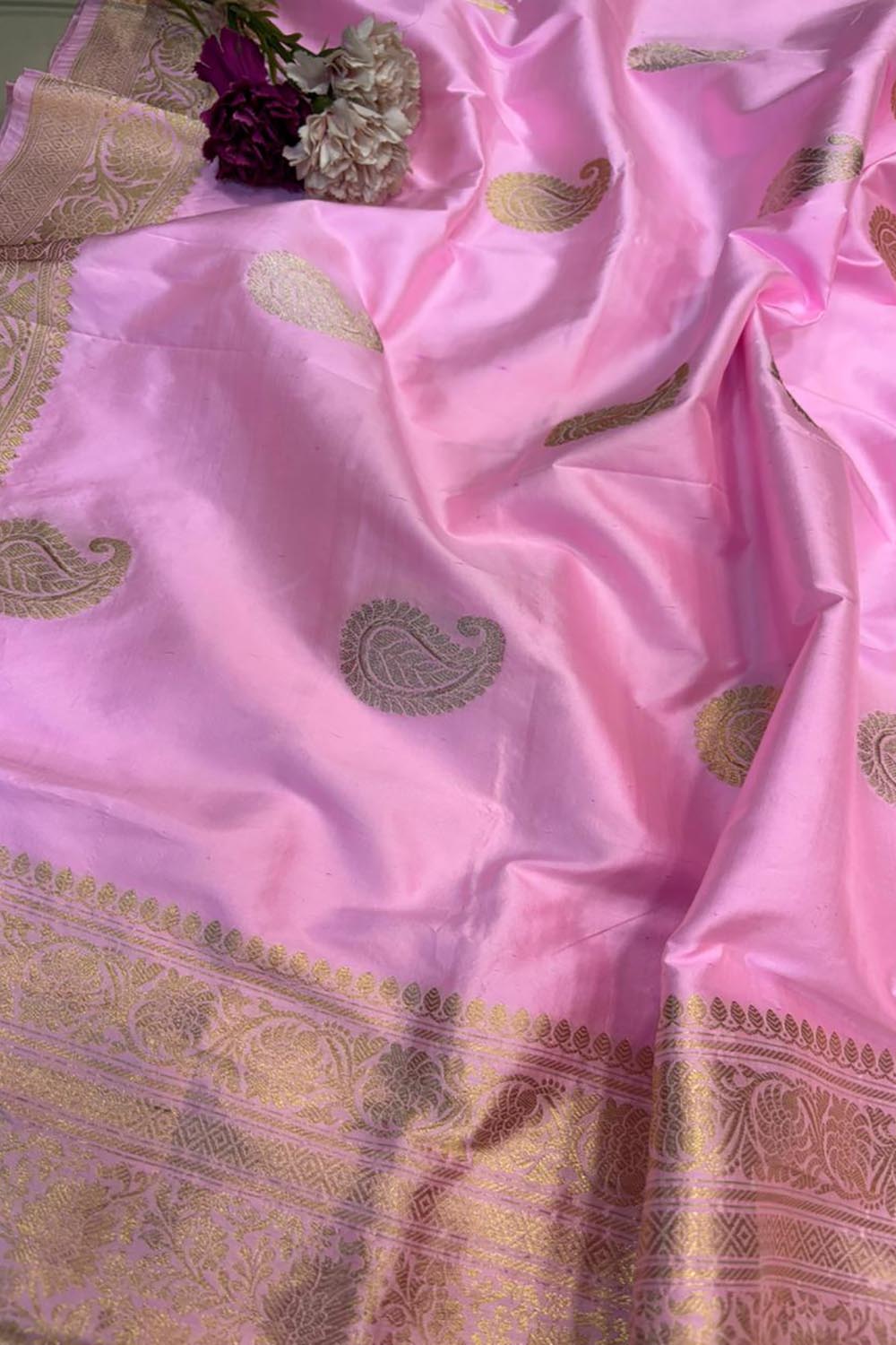Pink Handloom Banarasi Pure Katan Silk Paisley Design Dupatta - Luxurion World- Crafted Heirlooms