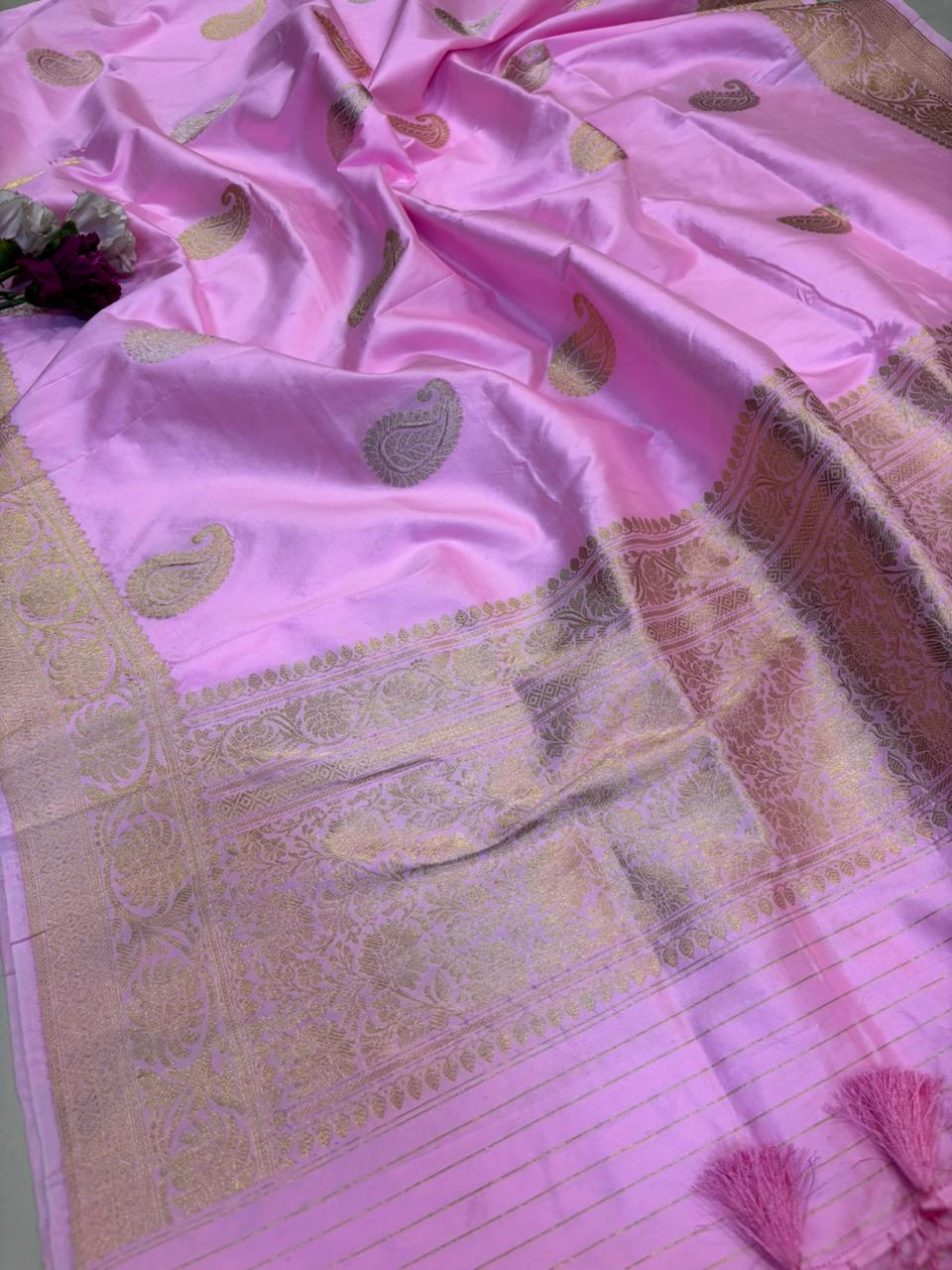 Pink Handloom Banarasi Pure Katan Silk Paisley Design Dupatta - Luxurion World- Crafted Heirlooms