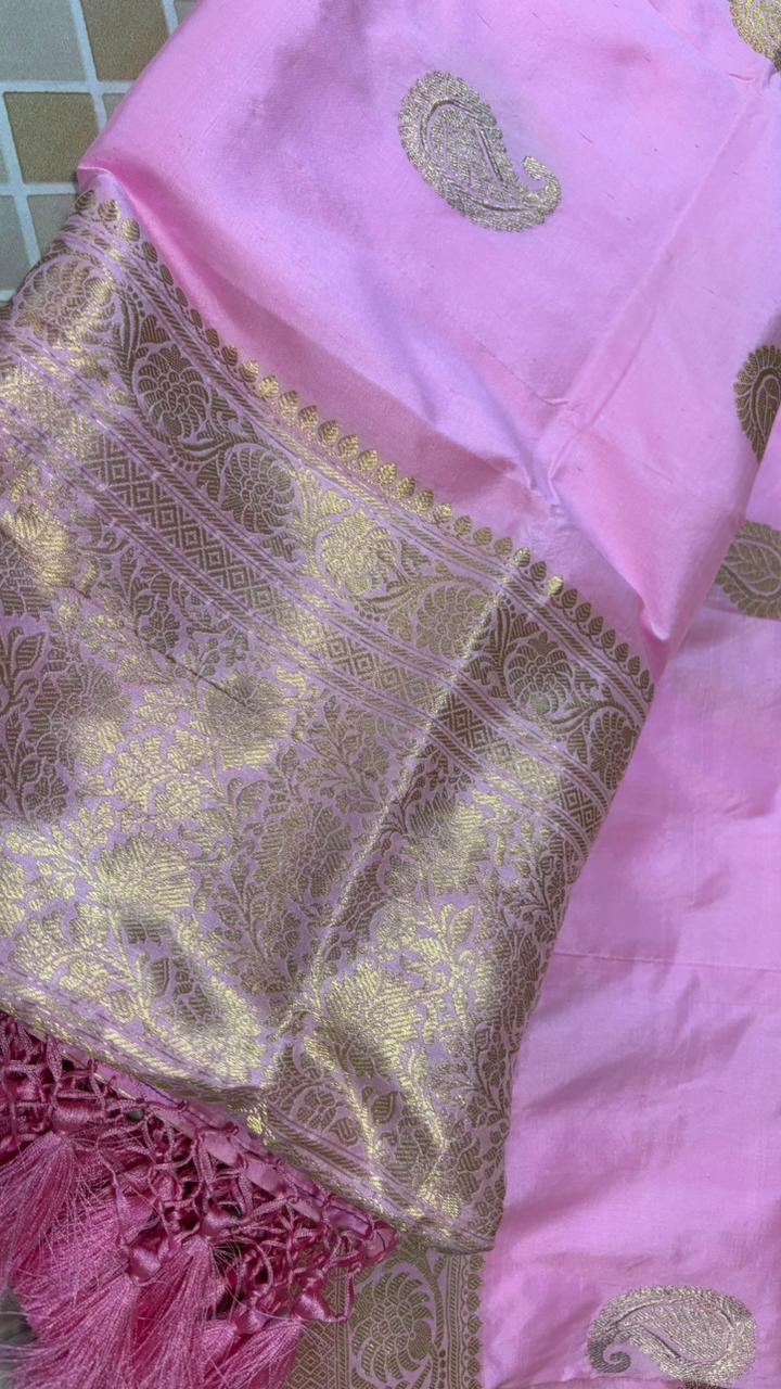 Pink Handloom Banarasi Pure Katan Silk Paisley Design Dupatta - Luxurion World- Crafted Heirlooms