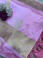 Pink Handloom Banarasi Pure Katan Silk Paisley Design Dupatta - Luxurion World- Crafted Heirlooms