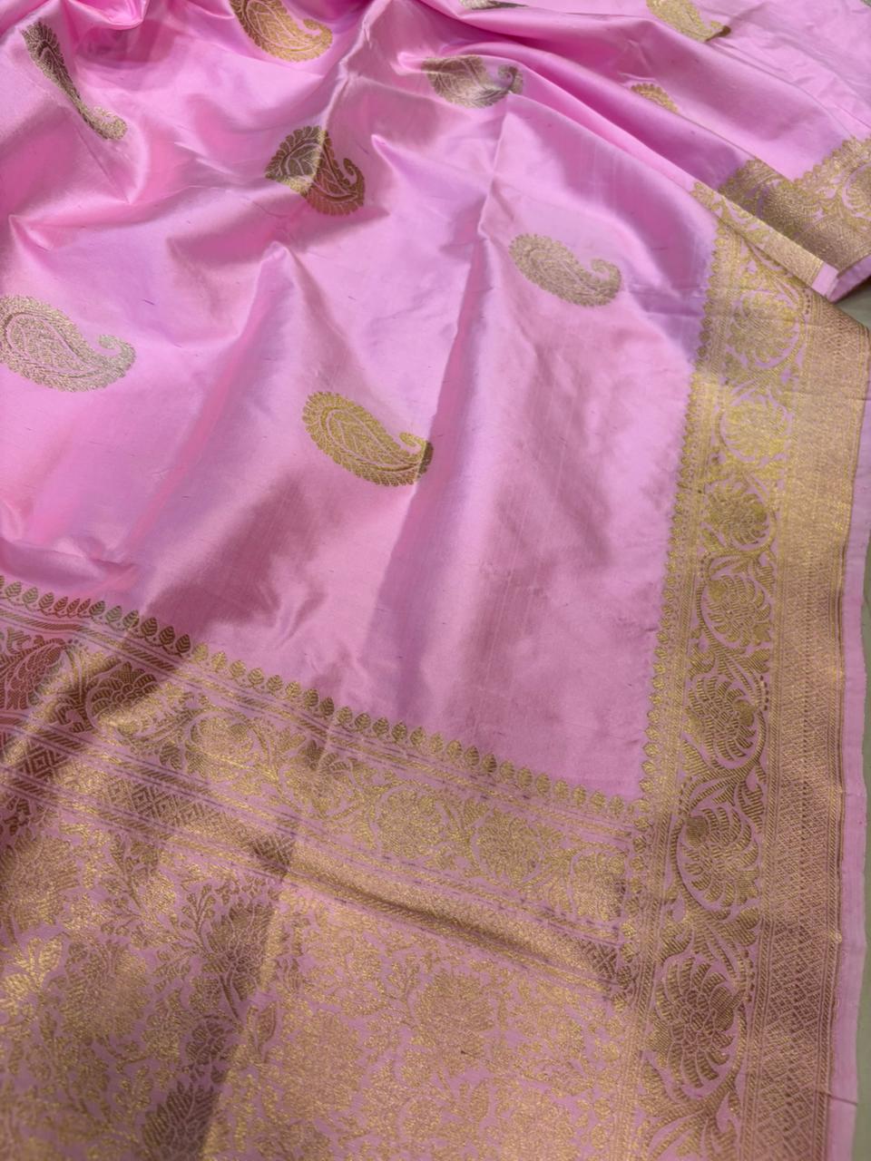 Pink Handloom Banarasi Pure Katan Silk Paisley Design Dupatta - Luxurion World- Crafted Heirlooms