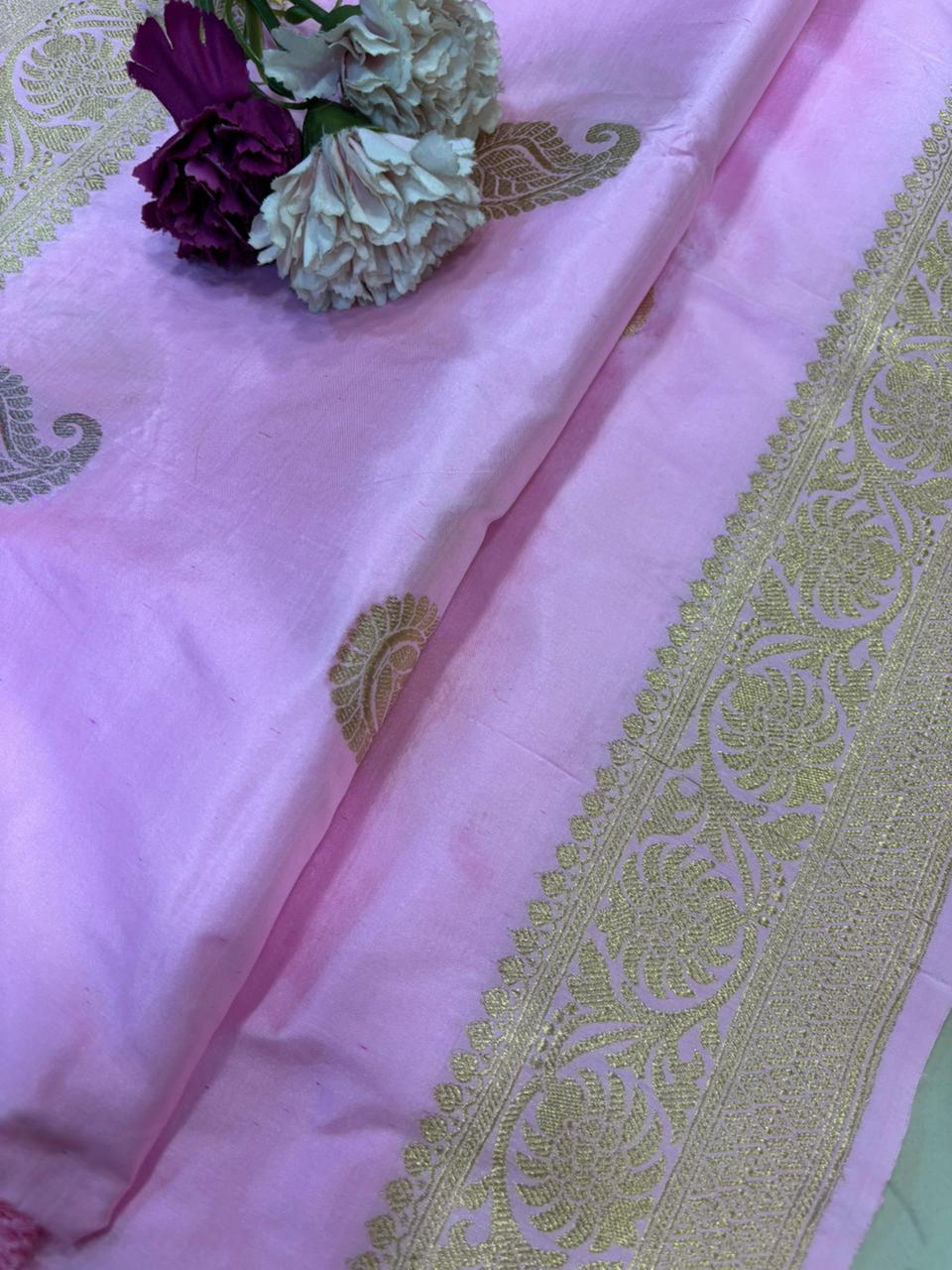 Pink Handloom Banarasi Pure Katan Silk Paisley Design Dupatta - Luxurion World- Crafted Heirlooms