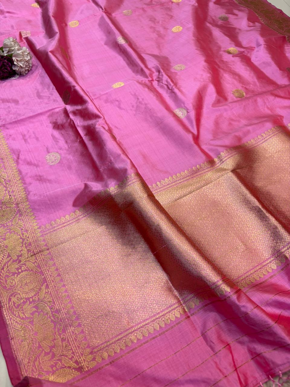 Pink Handloom Banarasi Pure Katan Silk Dupatta - Luxurion World- Crafted Heirlooms