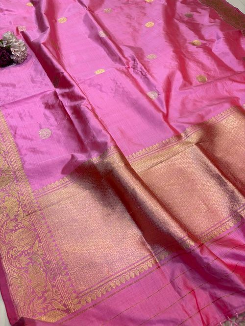 Pink Handloom Banarasi Pure Katan Silk Dupatta - Luxurion World- Crafted Heirlooms