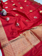 Red Handloom Banarasi Pure Katan Silk Dupatta - Luxurion World