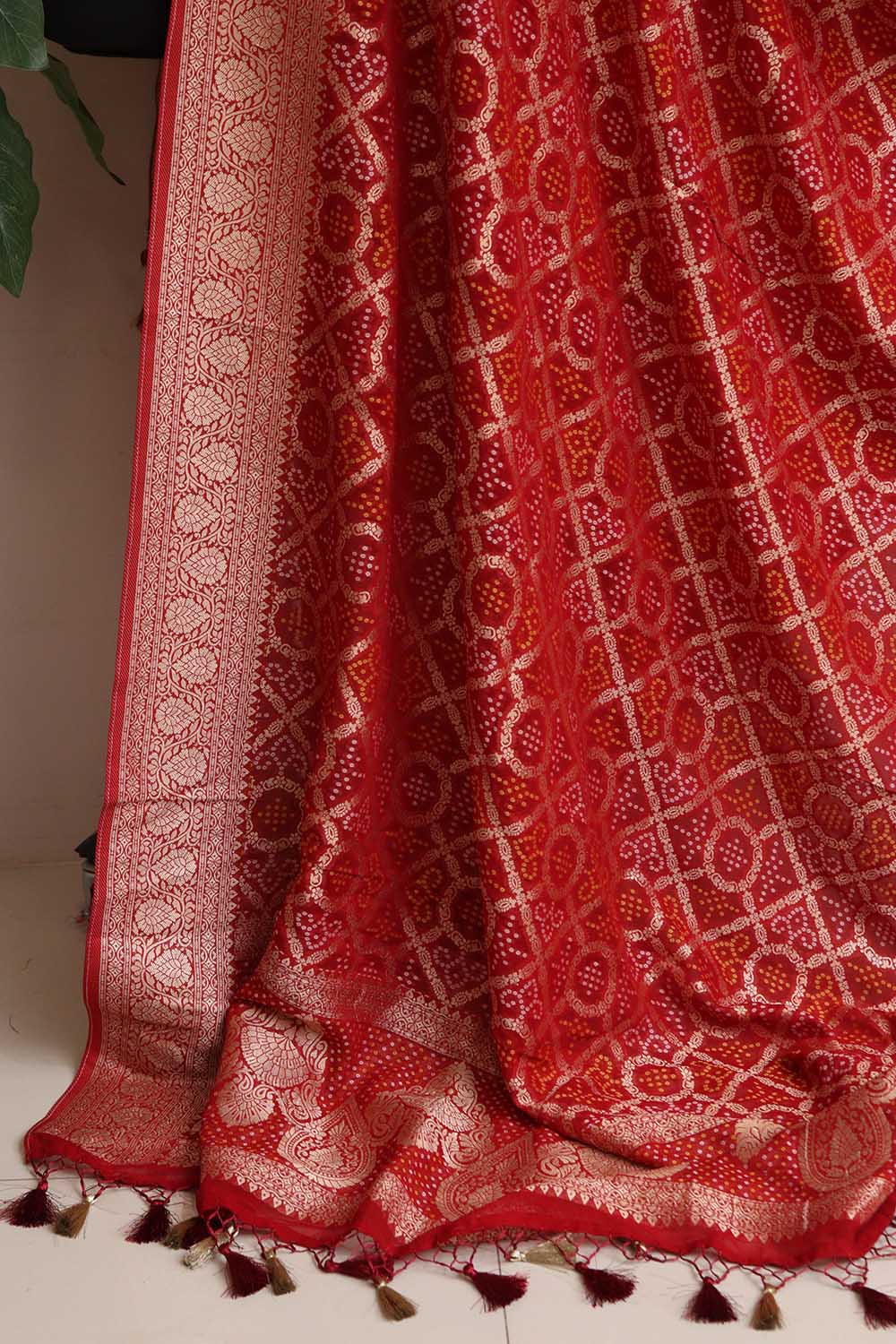 Red Banarasi Bandhani Weaved Georgette Dupatta - Luxurion World- Crafted Heirlooms