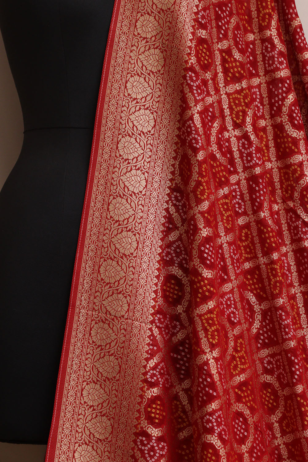 Red Banarasi Bandhani Weaved Georgette Dupatta - Luxurion World- Crafted Heirlooms