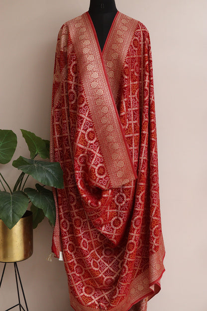 Red Banarasi Bandhani Weaved Georgette Dupatta - Luxurion World