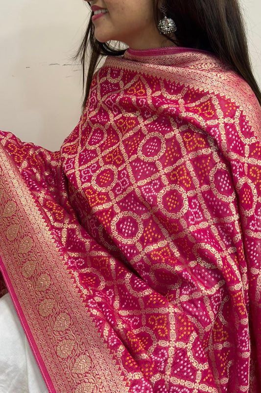 Pink Banarasi Bandhani Weaved Georgette Dupatta - Luxurion World