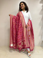 Pink Banarasi Bandhani Weaved Georgette Dupatta - Luxurion World- Crafted Heirlooms