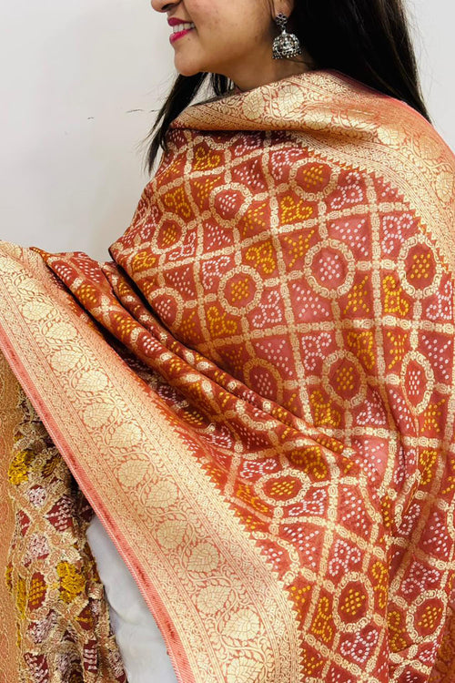 Brown Banarasi Bandhani Georgette Dupatta - Luxurion World- Crafted Heirlooms