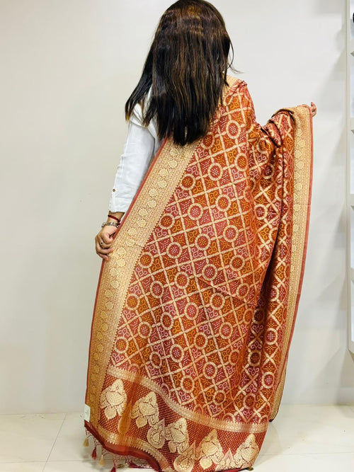 Brown Banarasi Bandhani Georgette Dupatta - Luxurion World- Crafted Heirlooms