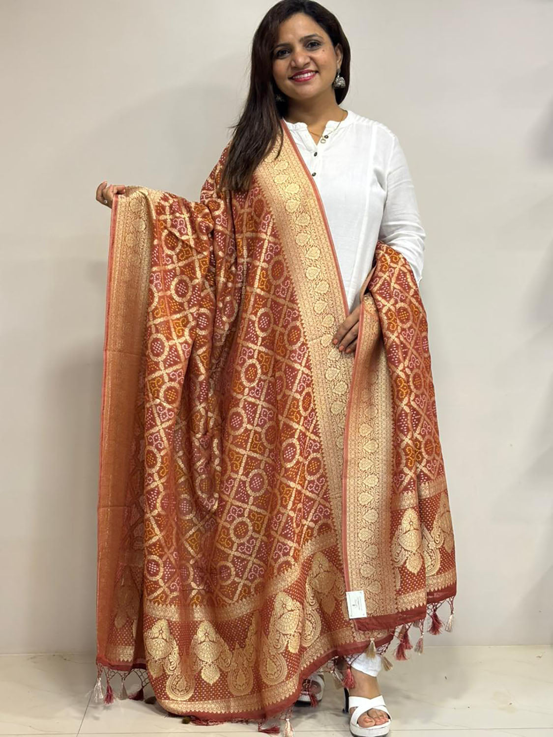 Brown Banarasi Bandhani Georgette Dupatta - Luxurion World- Crafted Heirlooms