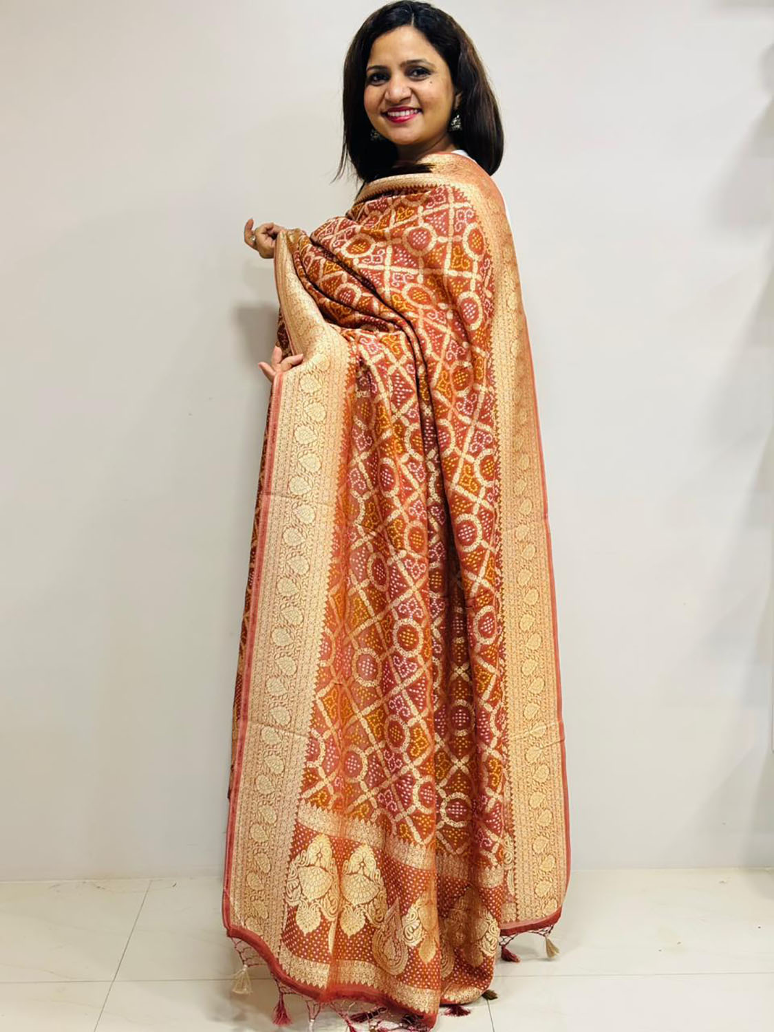 Brown Banarasi Bandhani Georgette Dupatta - Luxurion World- Crafted Heirlooms