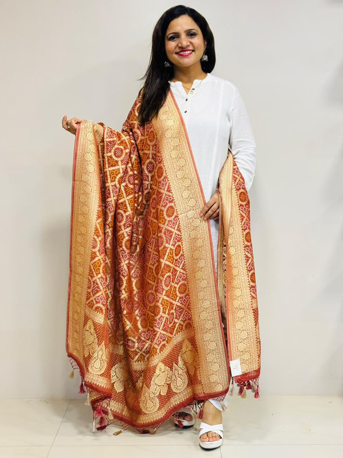 Brown Banarasi Bandhani Georgette Dupatta - Luxurion World- Crafted Heirlooms