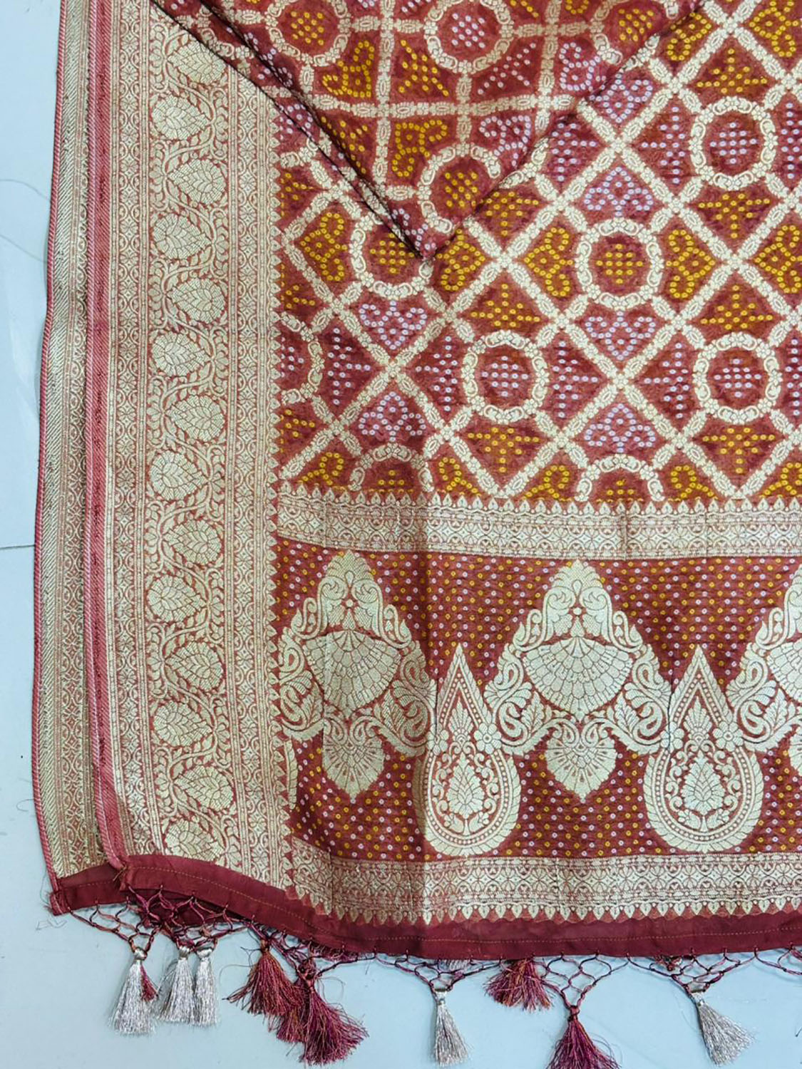 Brown Banarasi Bandhani Georgette Dupatta - Luxurion World- Crafted Heirlooms