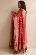 Red Banarasi Bandhani Weaved Georgette Dupatta - Luxurion World- Crafted Heirlooms
