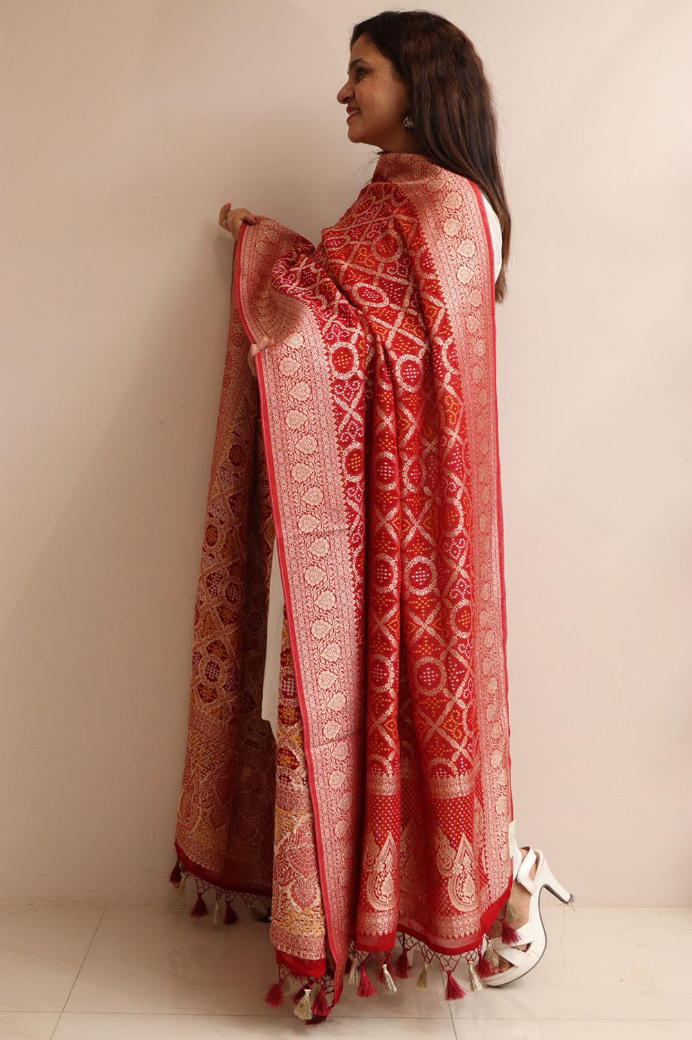 Red Banarasi Bandhani Weaved Georgette Dupatta - Luxurion World- Crafted Heirlooms