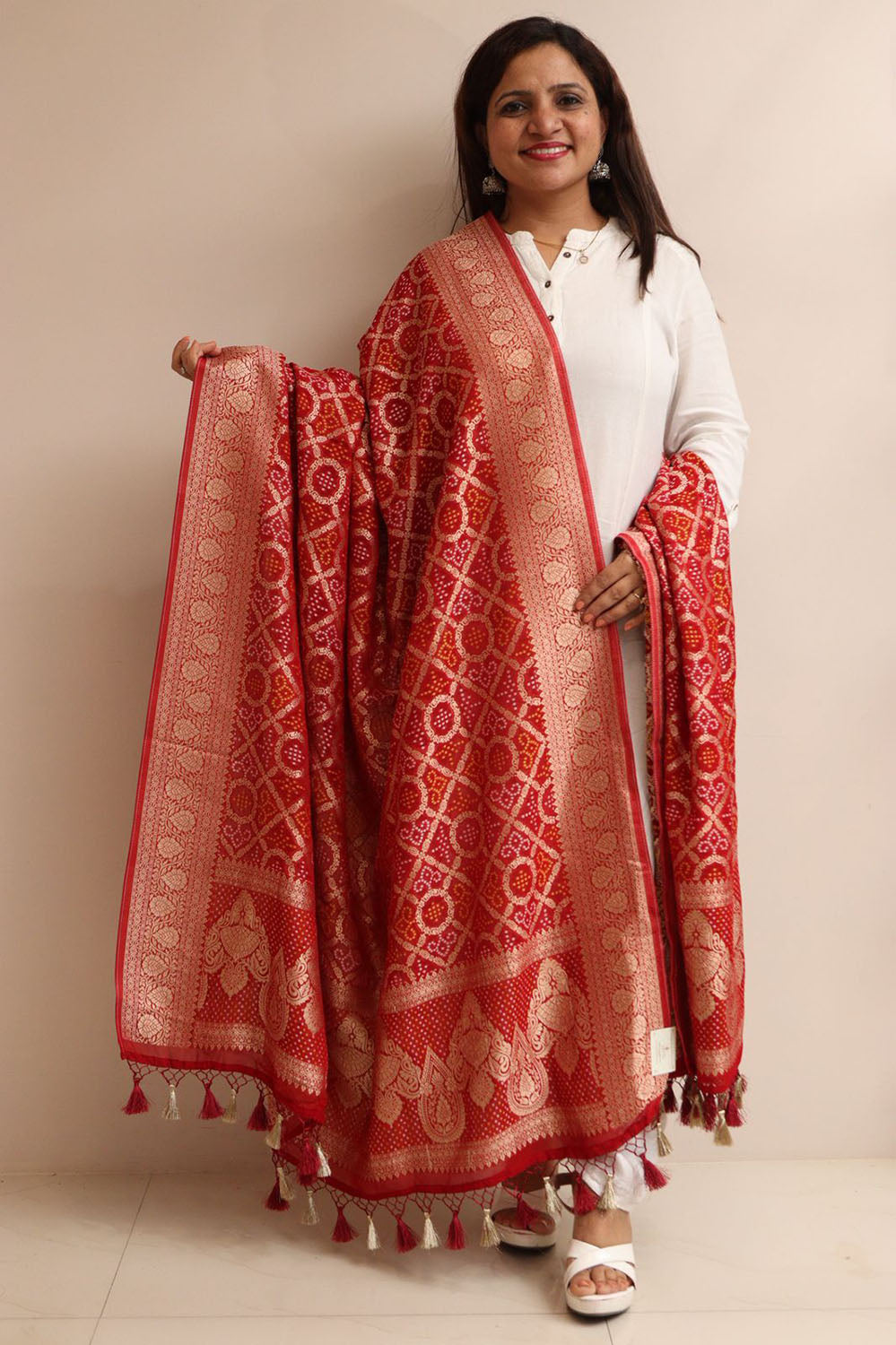 Red Banarasi Bandhani Weaved Georgette Dupatta - Luxurion World- Crafted Heirlooms