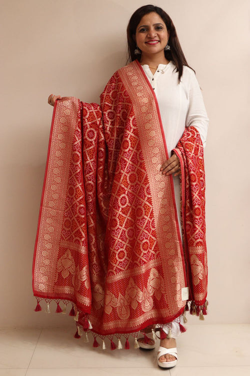 Red Banarasi Bandhani Weaved Georgette Dupatta - Luxurion World- Crafted Heirlooms