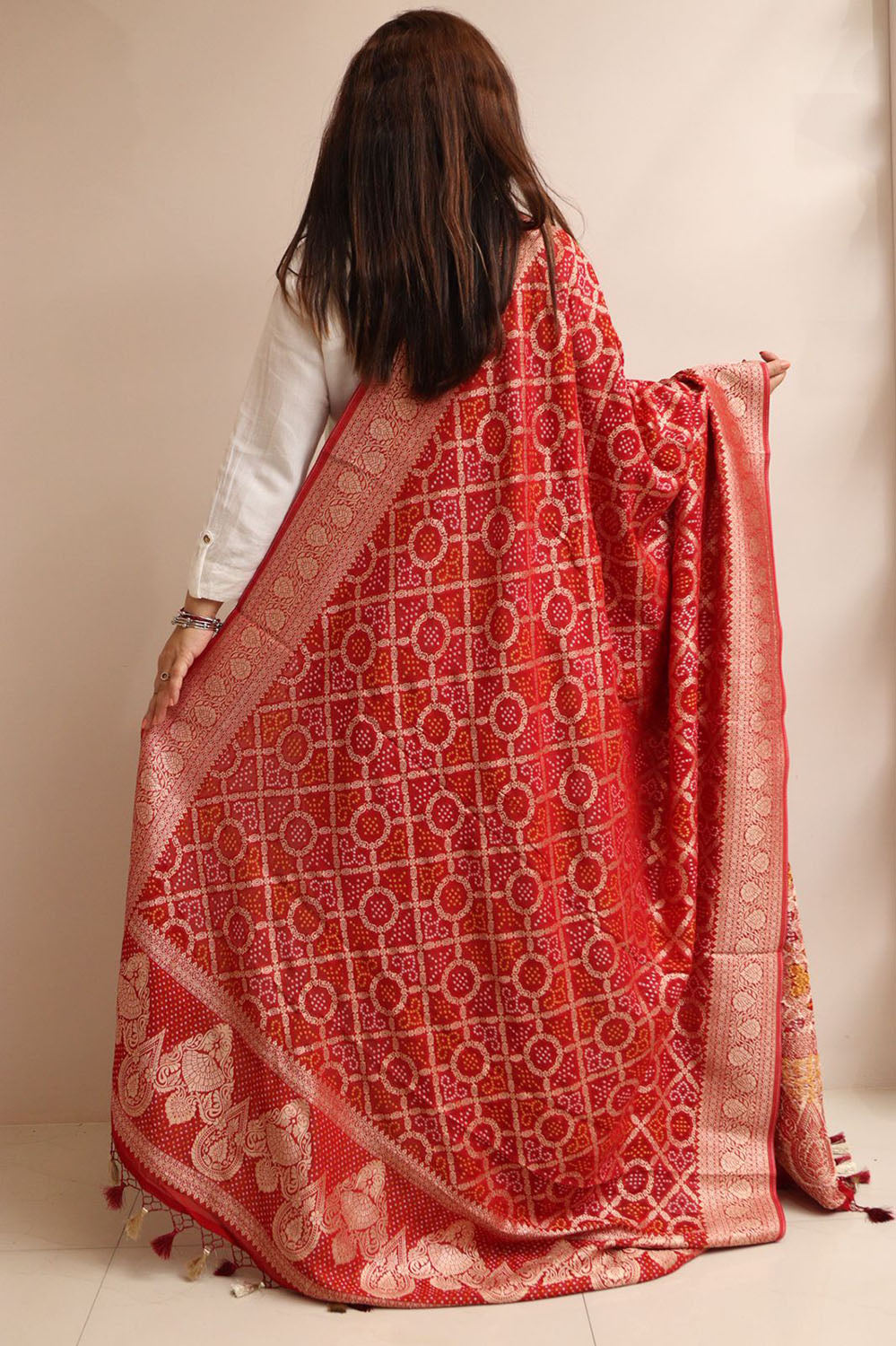 Red Banarasi Bandhani Weaved Georgette Dupatta - Luxurion World- Crafted Heirlooms