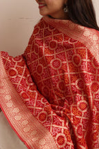 Red Banarasi Bandhani Weaved Georgette Dupatta - Luxurion World- Crafted Heirlooms