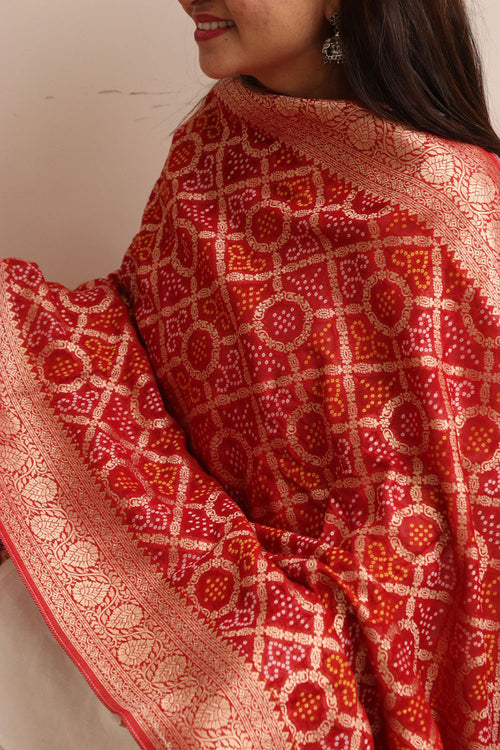 Red Banarasi Bandhani Weaved Georgette Dupatta - Luxurion World- Crafted Heirlooms