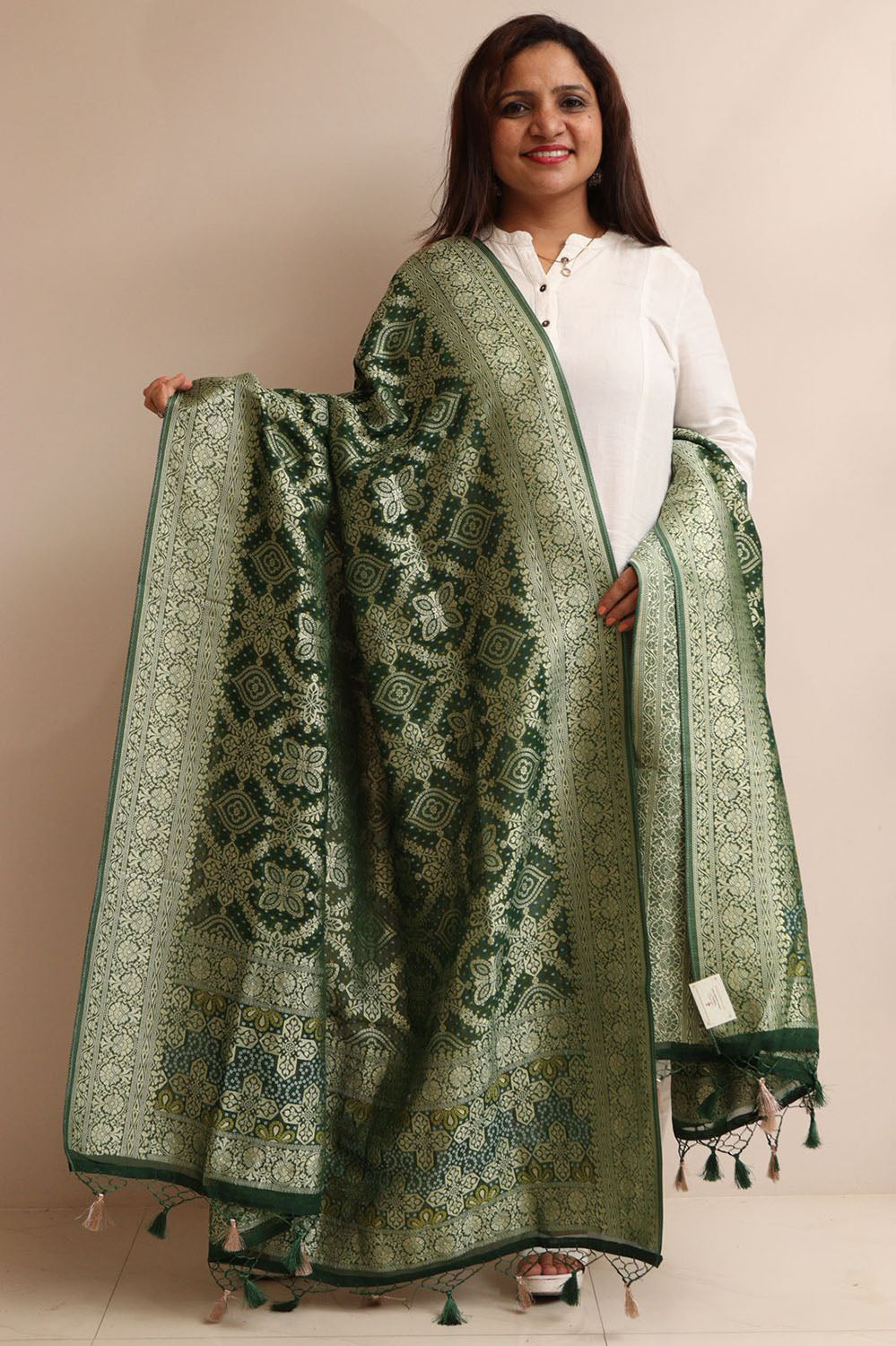 Green Banarasi Bandhani Weaved Georgette Dupatta - Luxurion World- Crafted Heirlooms