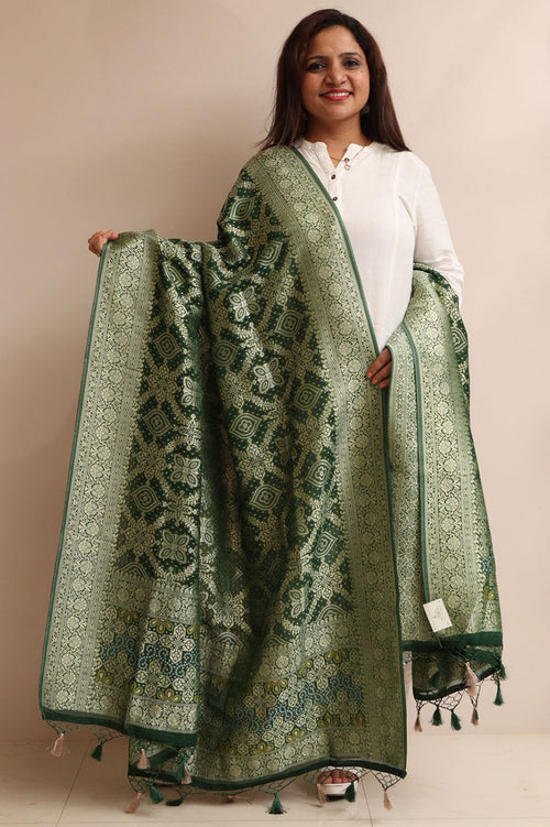 Green Banarasi Bandhani Weaved Georgette Dupatta - Luxurion World- Crafted Heirlooms
