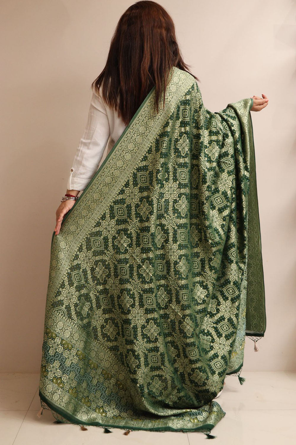 Green Banarasi Bandhani Weaved Georgette Dupatta - Luxurion World- Crafted Heirlooms