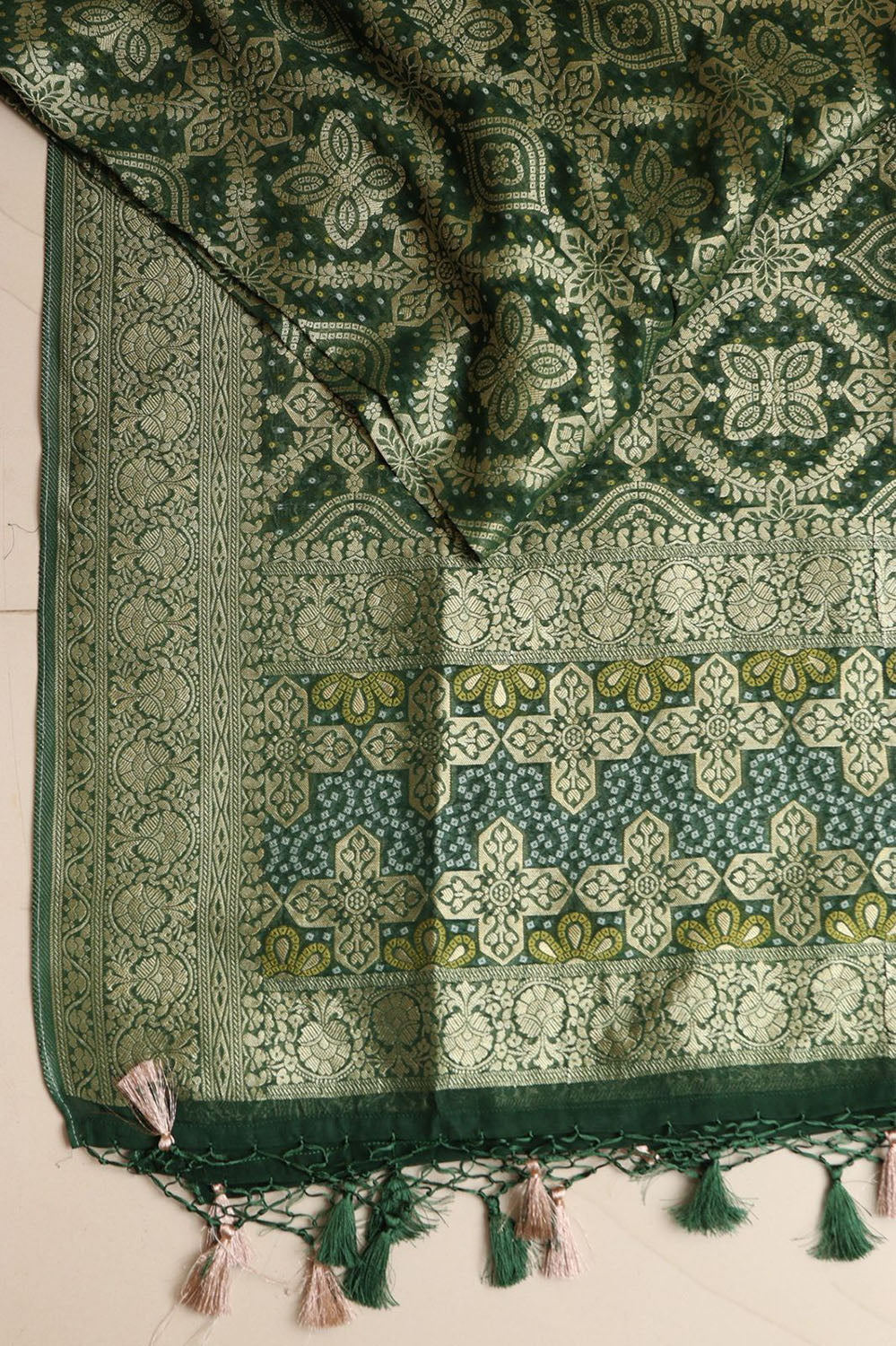 Green Banarasi Bandhani Weaved Georgette Dupatta - Luxurion World- Crafted Heirlooms