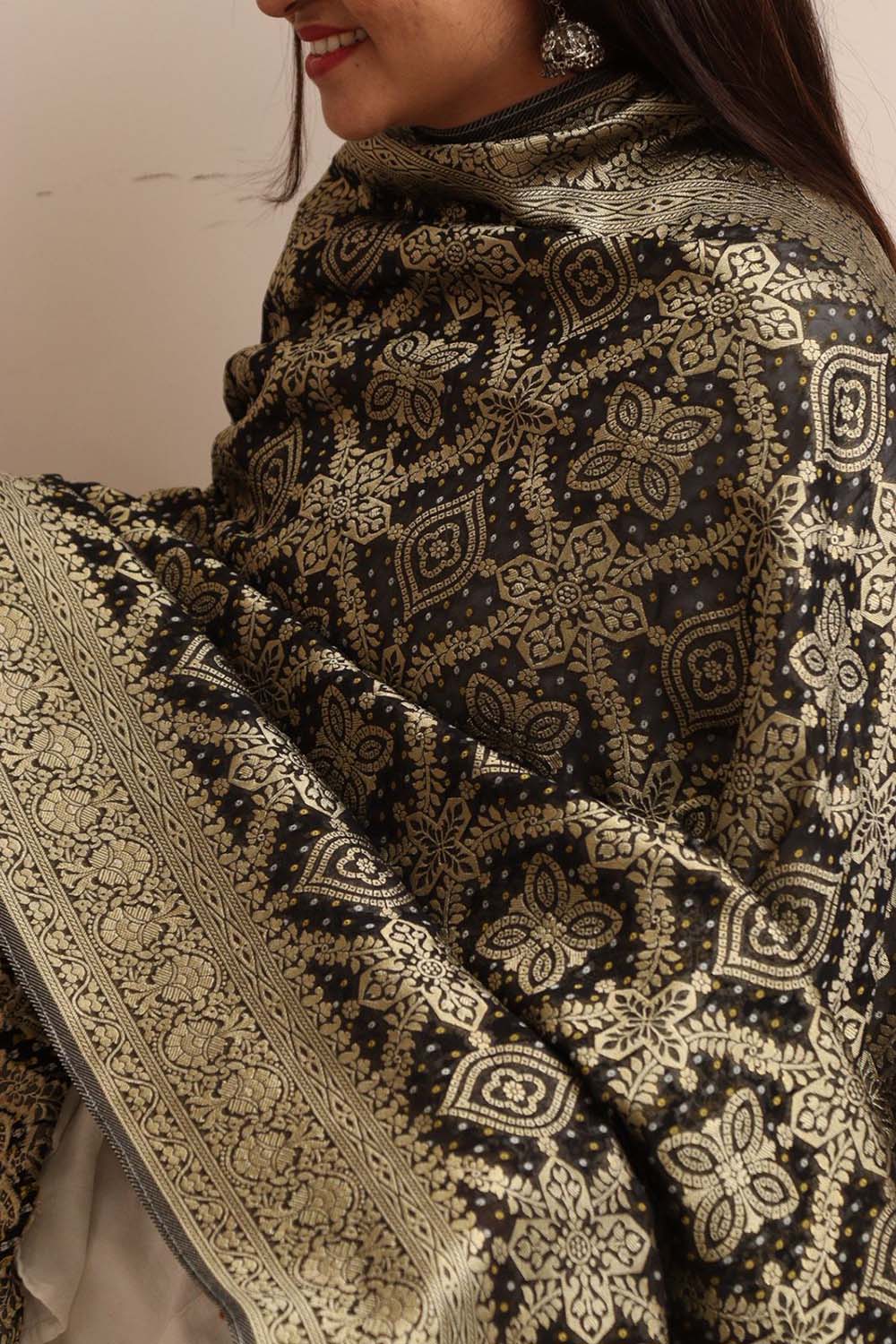 Elegant Black Banarasi Bandhani Weaved Georgette Dupatta - Luxurion World- Crafted Heirlooms