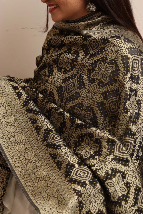 Elegant Black Banarasi Bandhani Weaved Georgette Dupatta - Luxurion World- Crafted Heirlooms