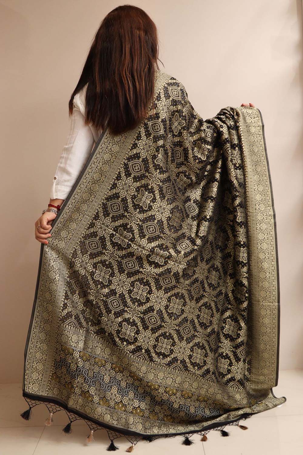 Elegant Black Banarasi Bandhani Weaved Georgette Dupatta - Luxurion World- Crafted Heirlooms
