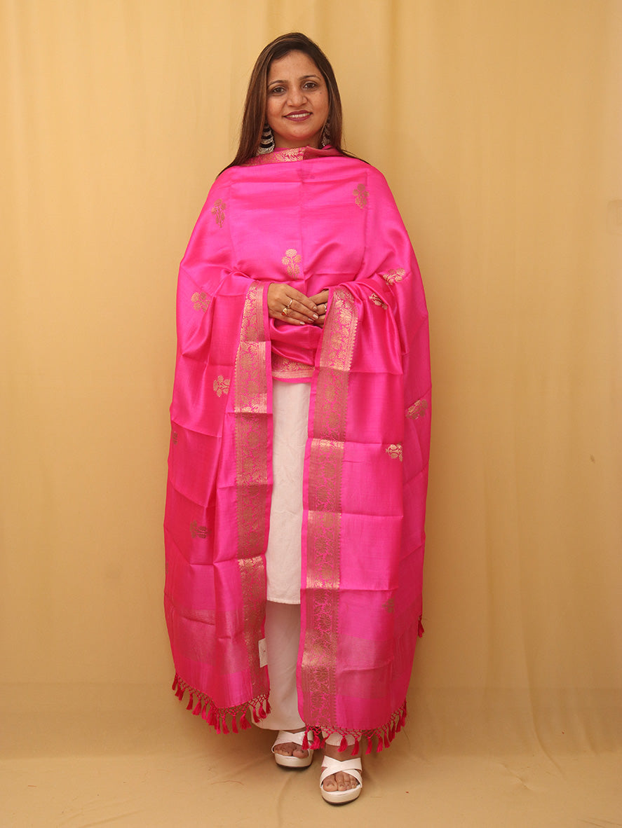Pink Handloom Banarasi Chiniya Silk Boota Design Dupatta - Luxurion World