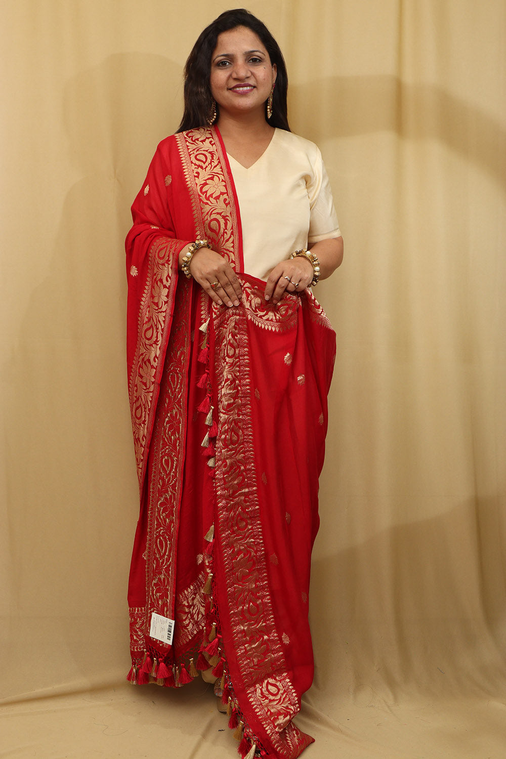 Handloom Banarasi Georgette Dupatta in Red - Luxurion World