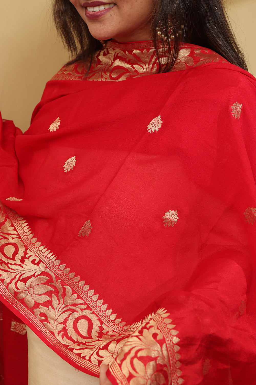 Handloom Banarasi Georgette Dupatta in Red - Luxurion World
