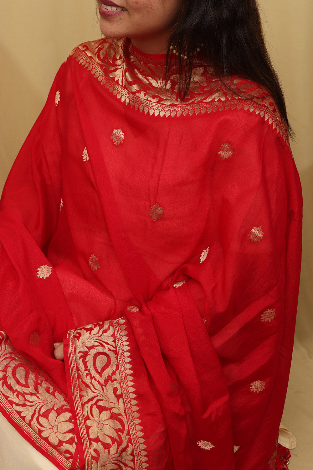 Handloom Banarasi Georgette Dupatta in Red - Luxurion World