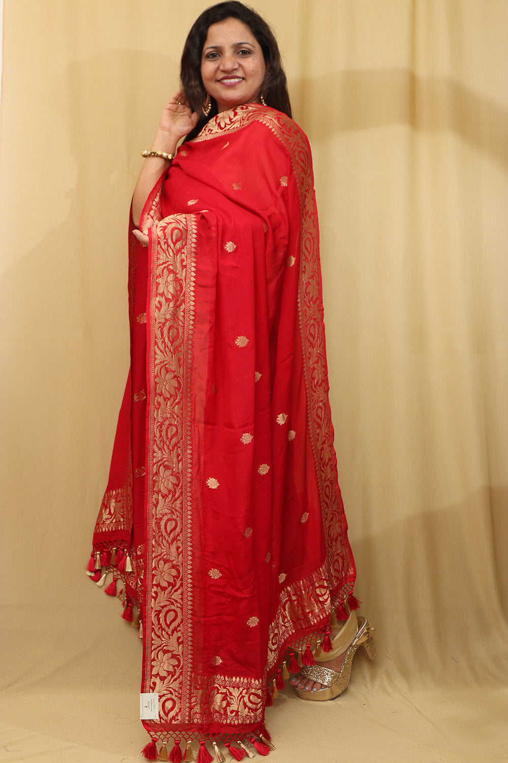 Handloom Banarasi Georgette Dupatta in Red - Luxurion World