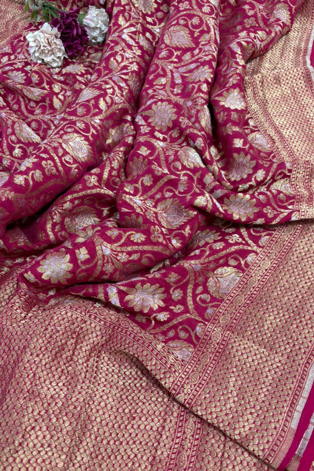 Stunning Pinkish Red Banarasi Handloom Pure Georgette Sona Roopa Dupatta - Luxurion World