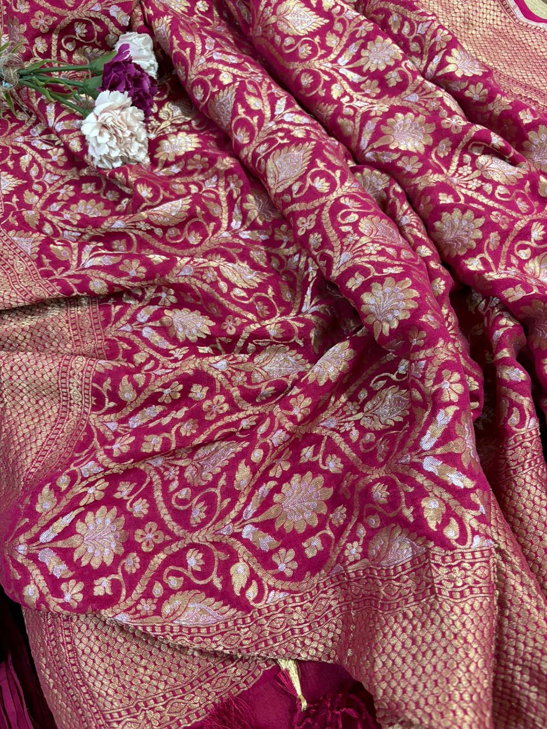 Stunning Pinkish Red Banarasi Handloom Pure Georgette Sona Roopa Dupatta - Luxurion World